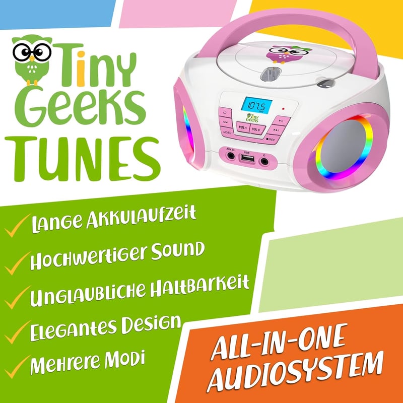 TinyGeeks Gyerek Boombox CD Lejátszó FM Rádió Beépített Hangszóróval Rózsaszín