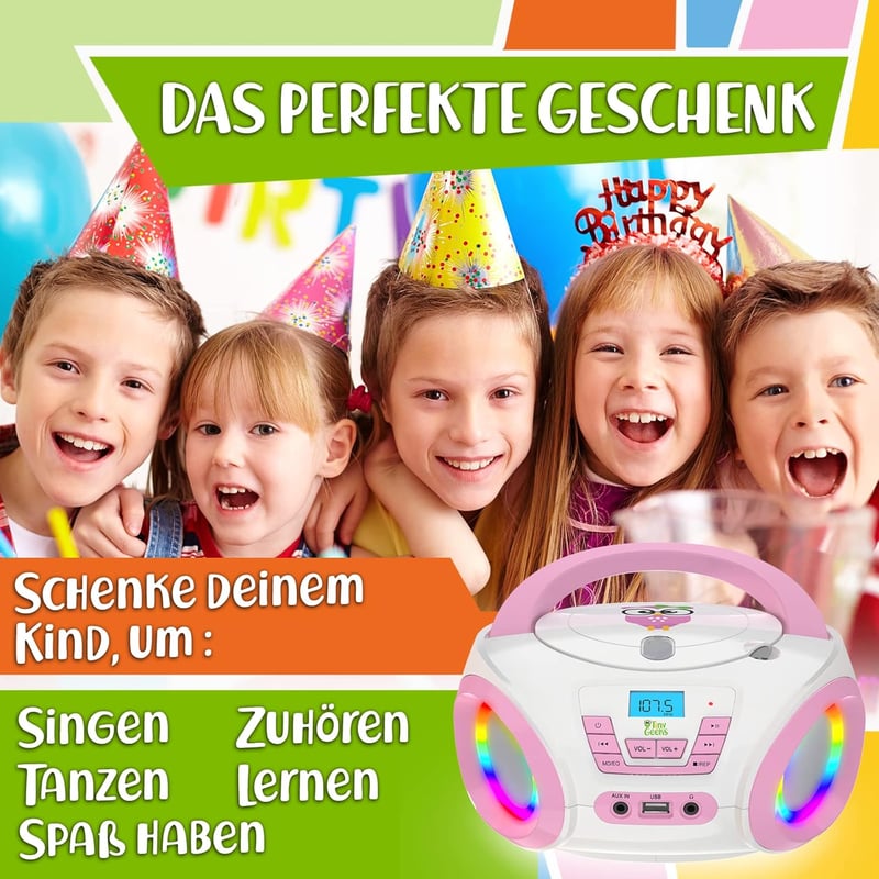 TinyGeeks Gyerek Boombox CD Lejátszó FM Rádió Beépített Hangszóróval Rózsaszín