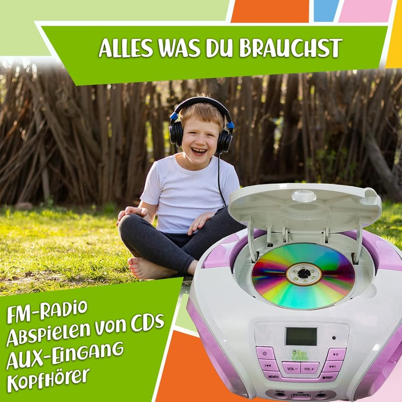 TinyGeeks Gyerek Boombox CD Lejátszó FM Rádió Beépített Hangszóróval Rózsaszín