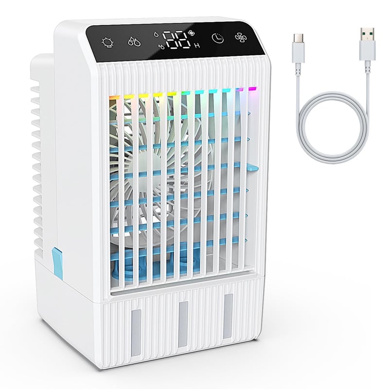 Mini răcitor de aer portabil Tiptop Home cu rezervor de apă de 1000 ml, temporizator 2-12 ore, 4 trepte de viteză, lumină de noapte în 7 culori, aer condiționat portabil fără furtun de evacuare pentru dormitor