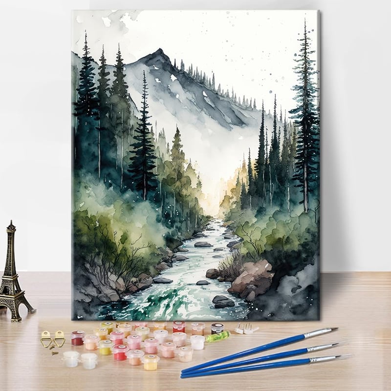 TISHIRON Erdei Tájkép Számfestő Készlet Felnőtteknek - Akril Festés Vászonra 40x50 cm - DIY Kreatív Hobby Szett Keret Nélkül