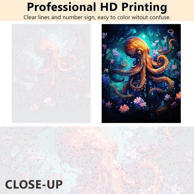TISHIRON Polip Számfestő Készlet Felnőtteknek és Kezdőknek - 16 x 20 cm Vászon, Akril Festékkel, 3 Ecsettel - Kreatív Hobby Szett