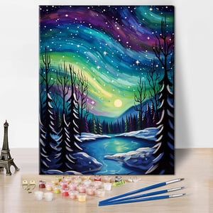 TISHIRON Sarki Fény Számfestő Készlet Felnőtteknek - 16 x 20 cm Akril Festés Vászonra, Erdei Absztrakt Mintával, 3 Ecsettel és Festékkészlet