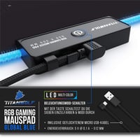 Herná podložka pod myš Titanwolf RGB 800x300 mm XXL LED osvetlenie 7 farieb 4 režimy efektov pogumovaná základňa umývateľná mapa sveta modrá 5