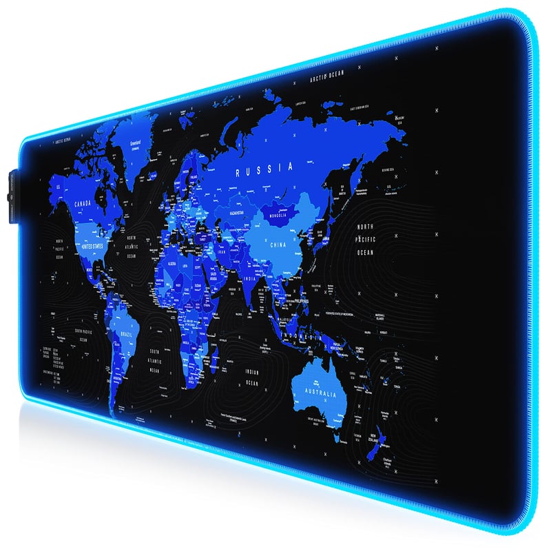 Herná podložka pod myš Titanwolf RGB 800x300 mm XXL LED osvetlenie 7 farieb 4 režimy efektov pogumovaná základňa umývateľná mapa sveta modrá
