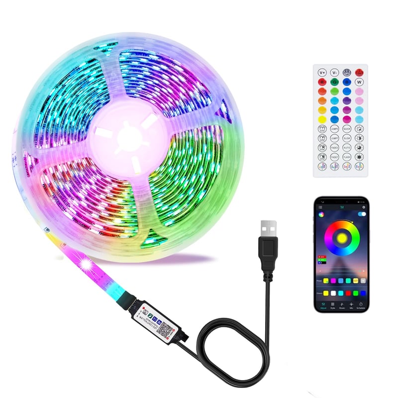 Bandă LED TK99SW 3 m, USB RGB cu control prin aplicație, sincronizare cu muzica, temporizator, luminozitate reglabilă, iluminare autoadezivă cu schimbare de culori pentru televizor, dormitor, petreceri