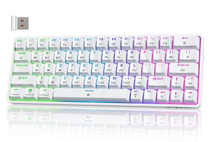 Tastatură de Gaming TMKB T63, 60% Compactă cu 63 de Taste, Mecanică Wireless, Bluetooth/2.4G/USB-C, Iluminare RGB, Switch-uri Albastre, Albă