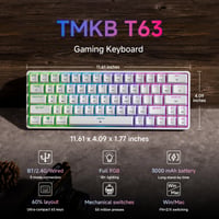 TMKB T63 gaming tipkovnica, 60% kompaktna mehanička bežična tipkovnica sa 63 tipke, Bluetooth/2.4G/USB-C, RGB pozadinsko osvjetljenje, plavi prekidači, bijela 2