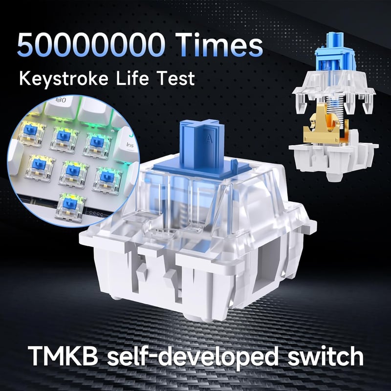 TMKB T63 Mechanikus Gamer Billentyűzet - Vezeték Nélküli, Kék Kapcsolókkal, Bluetooth, 2.4G, Fehér, Többmódú Csatlakozás