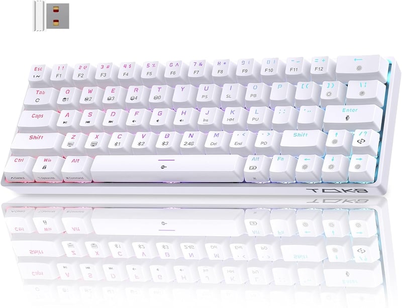 TMKB T63 Mechanikus Gamer Billentyűzet - Vezeték Nélküli, Kék Kapcsolókkal, Bluetooth, 2.4G, Fehér, Többmódú Csatlakozás