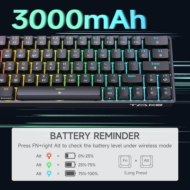 TMKB T63 Mechanikus Gamer Billentyűzet, Vezeték Nélküli, Piros Kapcsolókkal, RGB Háttérvilágítással, 3 Csatlakozási Móddal, Fekete - Interrupteur Rouge, black