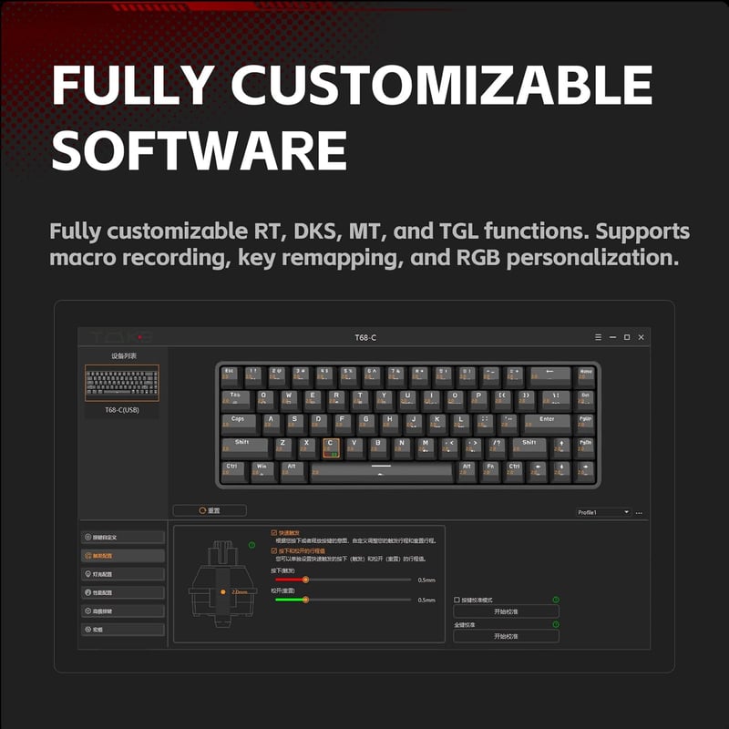 TMKB T68 HE Mechanikus Gamer Billentyűzet Mágneses Kapcsolókkal, RGB Világítással, Kompakt 68 Gombos, Type-C, Windows/Mac/Linux Kompatibilis