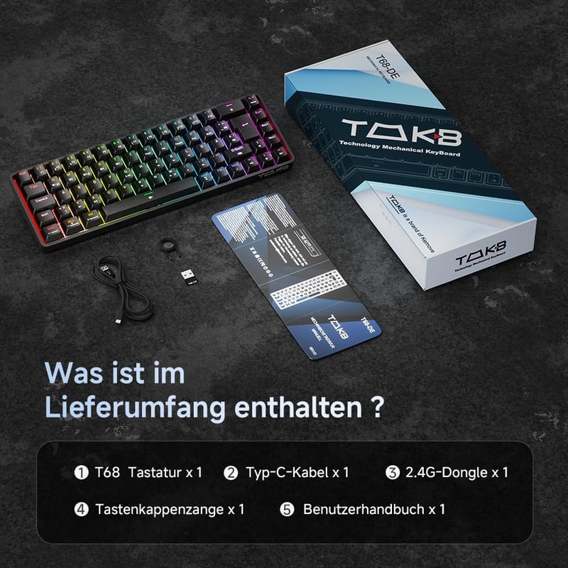 TMKB T68 Kompakt Gamer Billentyűzet, 60% Vezeték Nélküli Mechanikus RGB, Bluetooth/2.4G/USB-C, 68 Gombos, Német QWERTZ, Lineáris Piros Kapcs