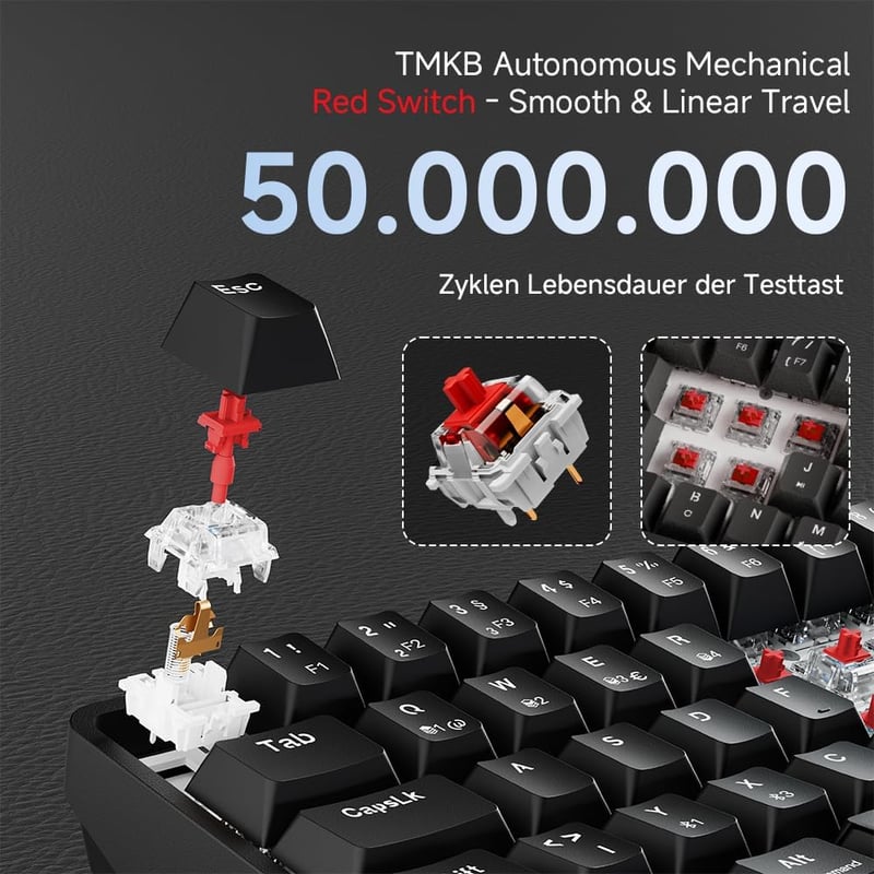 TMKB T68 Kompakt Gamer Billentyűzet, 60% Vezeték Nélküli Mechanikus RGB, Bluetooth/2.4G/USB-C, 68 Gombos, Német QWERTZ, Lineáris Piros Kapcs