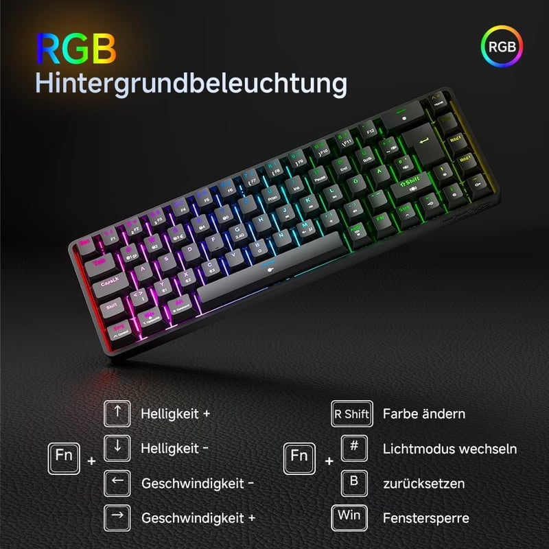 TMKB T68 Kompakt Gamer Billentyűzet, 60% Vezeték Nélküli Mechanikus RGB, Bluetooth/2.4G/USB-C, 68 Gombos, Német QWERTZ, Lineáris Piros Kapcs