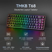 TMKB T68 Kompakt Gamer Billentyűzet, 60% Vezeték Nélküli Mechanikus RGB, Bluetooth/2.4G/USB-C, 68 Gombos, Német QWERTZ, Lineáris Piros Kapcs 2