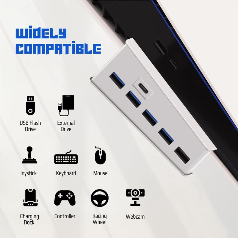 TNP USB Hub 3.1 PlayStation 5 Konzolhoz - Fehér Bővítő Adapter 4 USB + 1 Gyorstöltő + 1 USB-C Porttal - PS5 Dualsense Kompatibilis Elosztó