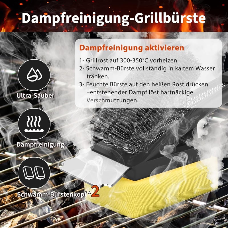 TNTOR Grillkefe Gőztisztítóval, Rozsdamentes Acél Spatulával és Hosszú Szigetelt Nyéllel