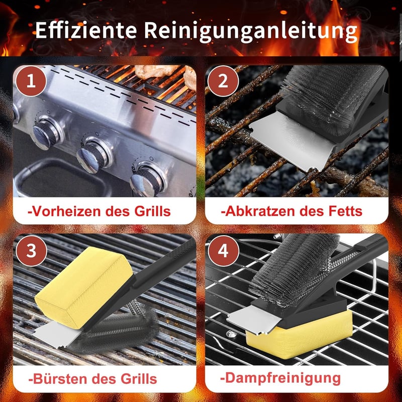 TNTOR Grillkefe Gőztisztítóval, Rozsdamentes Acél Spatulával és Hosszú Szigetelt Nyéllel