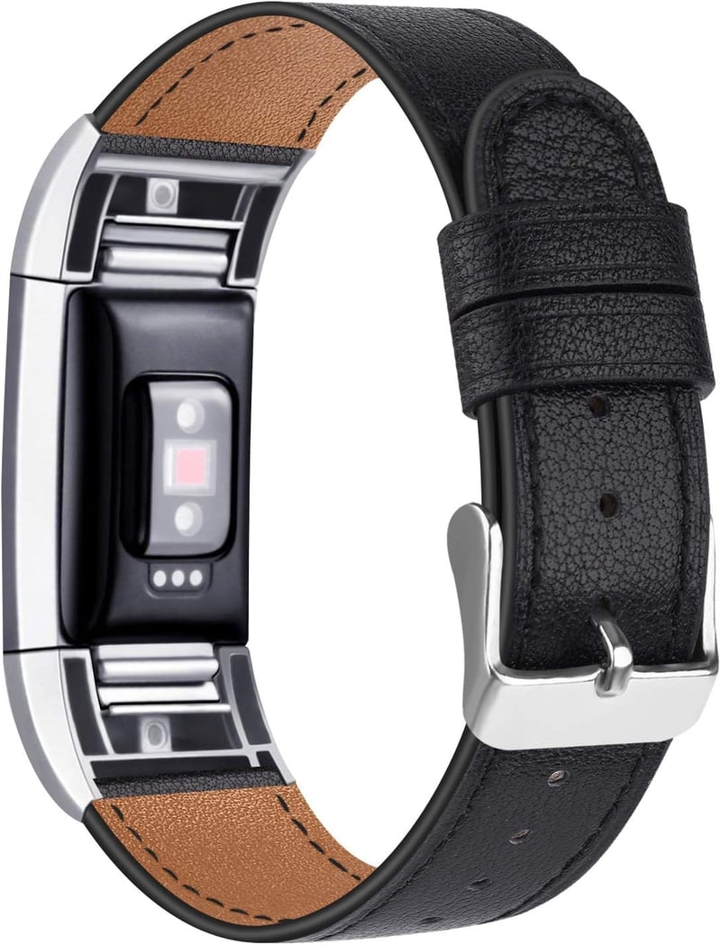 Tobfit Valódi Bőr Szíj Fitbit Charge 2 Okosórához - Klasszikus Csereszíj Fém Csatlakozóval, Vízálló Karpánt (Óra Nélkül)