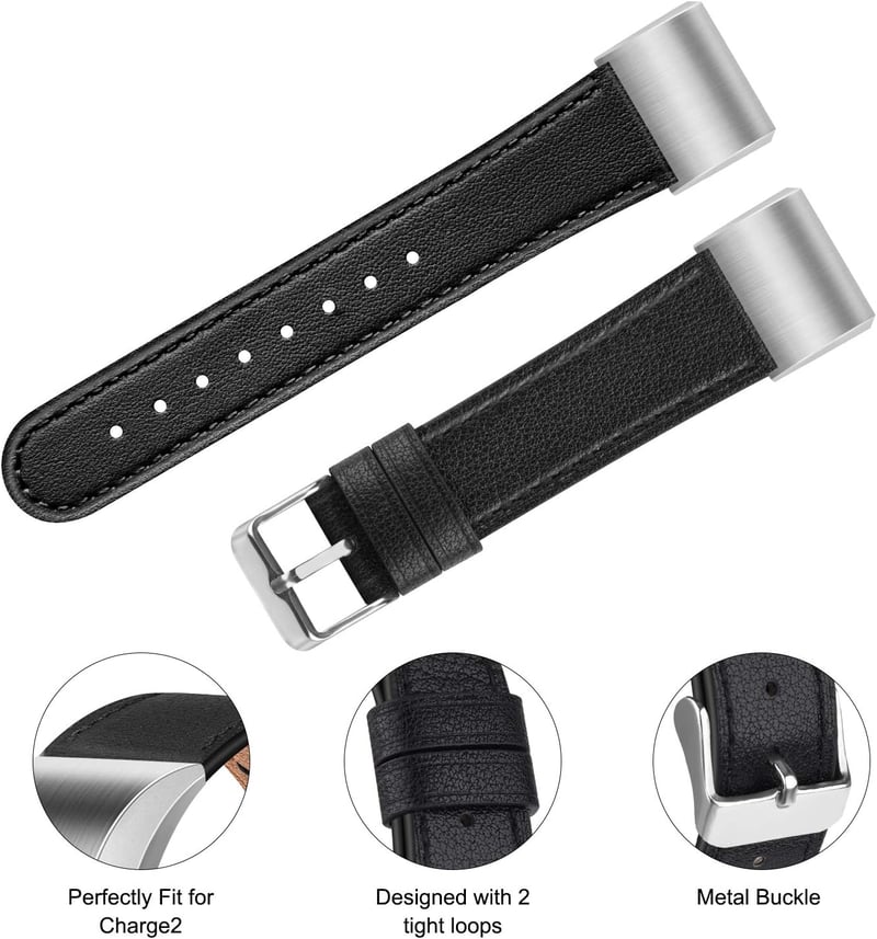 Tobfit Valódi Bőr Szíj Fitbit Charge 2 Okosórához - Klasszikus Csereszíj Fém Csatlakozóval, Vízálló Karpánt (Óra Nélkül)