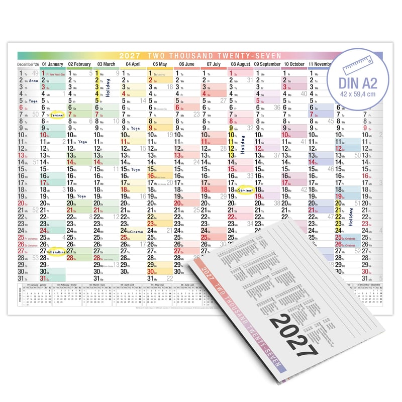 Calendar de perete TOBJA A2 2027 UE format peisaj – Prezentare generală pe 14 luni | Calendar anual color cu câmpuri mari | Calendar de perete pentru birou și home office
