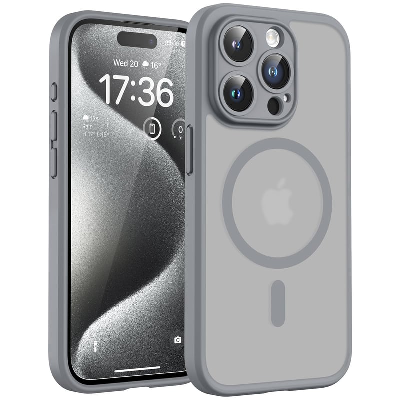 TOCOL kryt pre iPhone 15 Pro kompatibilný s MagSafe, s kompletnou ochranou fotoaparátu, priehľadný zadný kryt – sivý