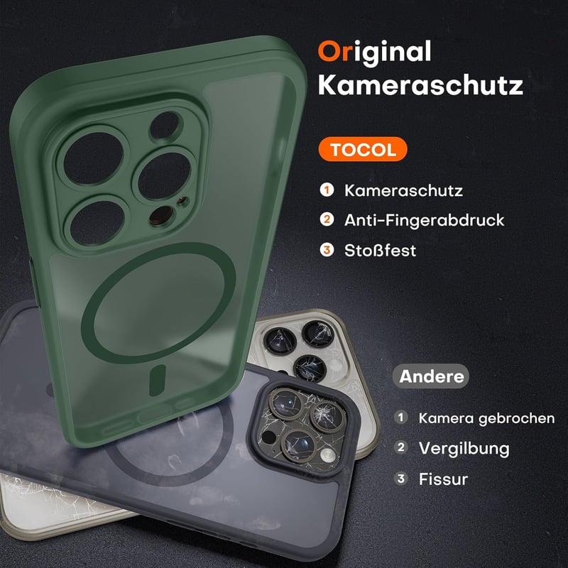 TOCOL iPhone 15 Pro MagSafe tok, kamera védelemmel, ütésálló, alpesi zöld - iPhone 15 Pro, Alpine green