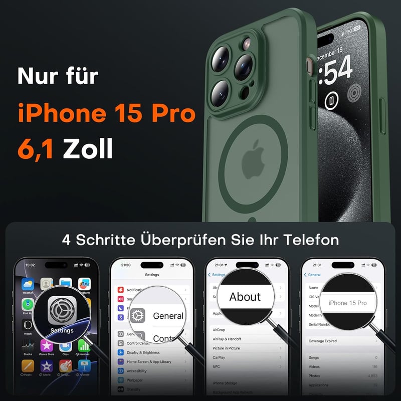 TOCOL iPhone 15 Pro MagSafe tok, kamera védelemmel, ütésálló, alpesi zöld - iPhone 15 Pro, Alpine green