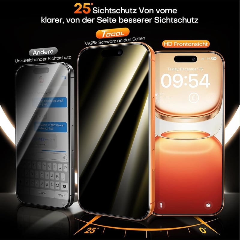 TOCOL iPhone 17 Pro/16 Pro edzett üveg képernyővédő 6.3" 9H, 2db - iPhone 16 Pro, Privacy protection glass