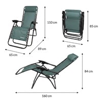 Todeco Zero Gravity ležadlo, skladacie záhradné relaxačné kreslo, priedušný materiál Textilene, opierka hlavy, polohovateľné operadlo, na terasu, balkón, k bazénu, zelená 3