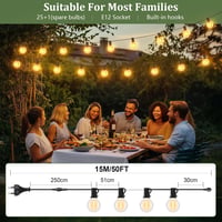 Toipwen 15m LED Kültéri Fényfüzér 25+1 Meleg Fehér G40 Izzóval IP45 Vízálló - 15M/50FT - Standard 5