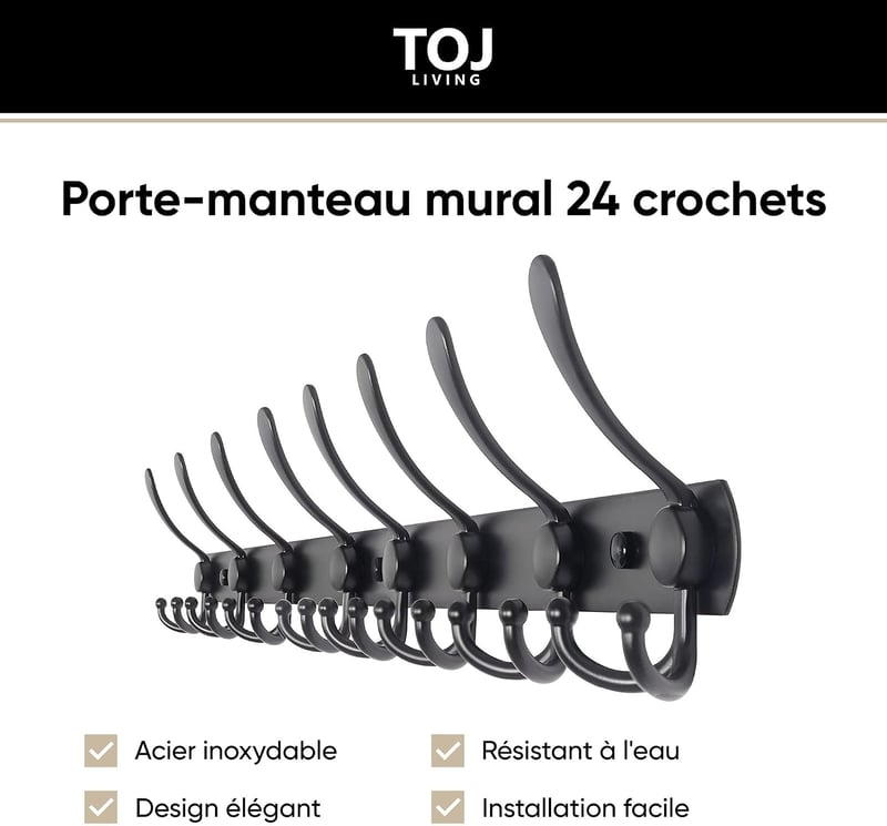 TOJ fali kabáttartó 75 cm 24 horog fekete rozsdamentes acél ruhafogas előszobába, falra szerelhető