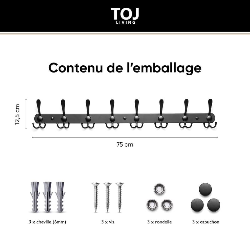TOJ fali kabáttartó 75 cm 24 horog fekete rozsdamentes acél ruhafogas előszobába, falra szerelhető