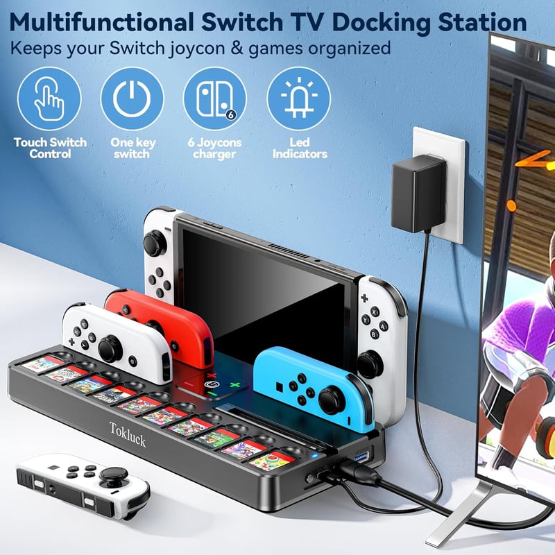 Tokluck Switch dokkoló OLED-hez 4K HDMI-vel, Joycon töltővel és játéktárolóval
