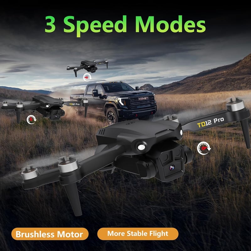 Toladrone TD12PRO hajtogatható mini drón fekete 4K kamerával, optikai flow pozicionálással, egygombos indítás és leszállás, kefe nélküli mot