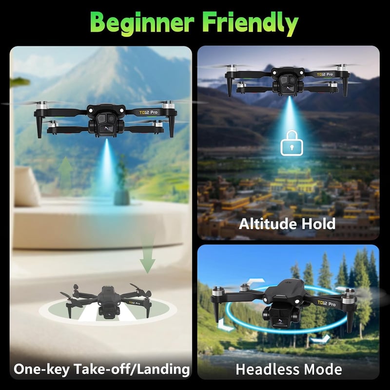 Toladrone TD12PRO összecsukható mini drón 4K kamerával, kefe nélküli quadcopter kezdőknek, 3 szintű szélállóság, app vezérlés, hordtáskával