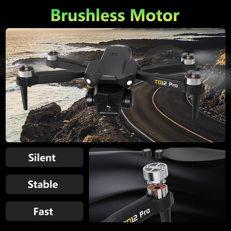 Toladrone TD12PRO összecsukható mini drón 4K kamerával, kefe nélküli quadcopter kezdőknek, 3 szintű szélállóság, app vezérlés, hordtáskával