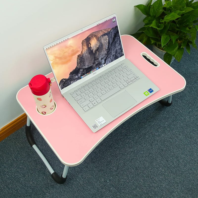 Tom Moritz podesivi stol za laptop s držačem za čašu, protukliznom podlogom, sklopiv, prijenosan, ružičasti