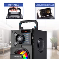 TOMPROAD Bluetooth reproduktor so subwooferom, prenosný bezdrôtový stereo párty reproduktor s FM rádiom, diaľkovým ovládaním a LED svetlom, čierny 5
