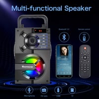 TOMPROAD Bluetooth reproduktor so subwooferom, prenosný bezdrôtový stereo párty reproduktor s FM rádiom, diaľkovým ovládaním a LED svetlom, čierny 2