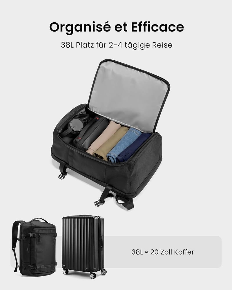 tomtoc 38L utazási hátizsák TSA zárral, 15,6-17,3" laptop, fedélzeti poggyász