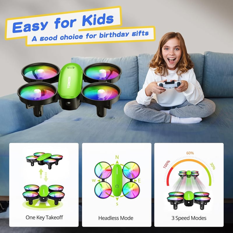 Tomzon A23 Mini Drón Gyerekeknek LED Világítással - RC Quadcopter Magasságtartással, 3D Flip, 5 Fénymód, 2 Akkumulátor, Kezdőknek, Zöld