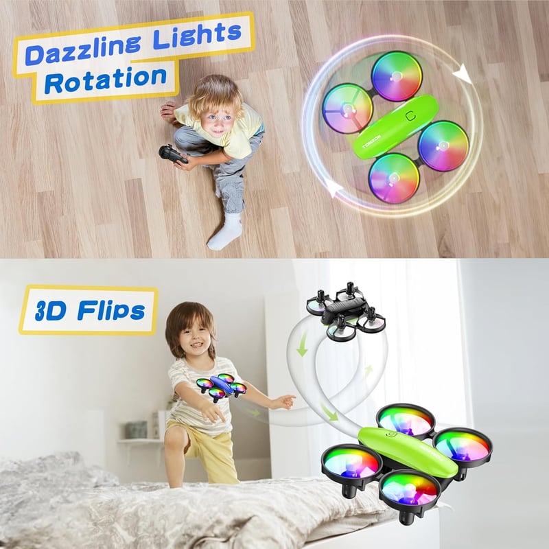 Tomzon A23 Mini Drón Gyerekeknek LED Világítással - RC Quadcopter Magasságtartással, 3D Flip, 5 Fénymód, 2 Akkumulátor, Kezdőknek, Zöld