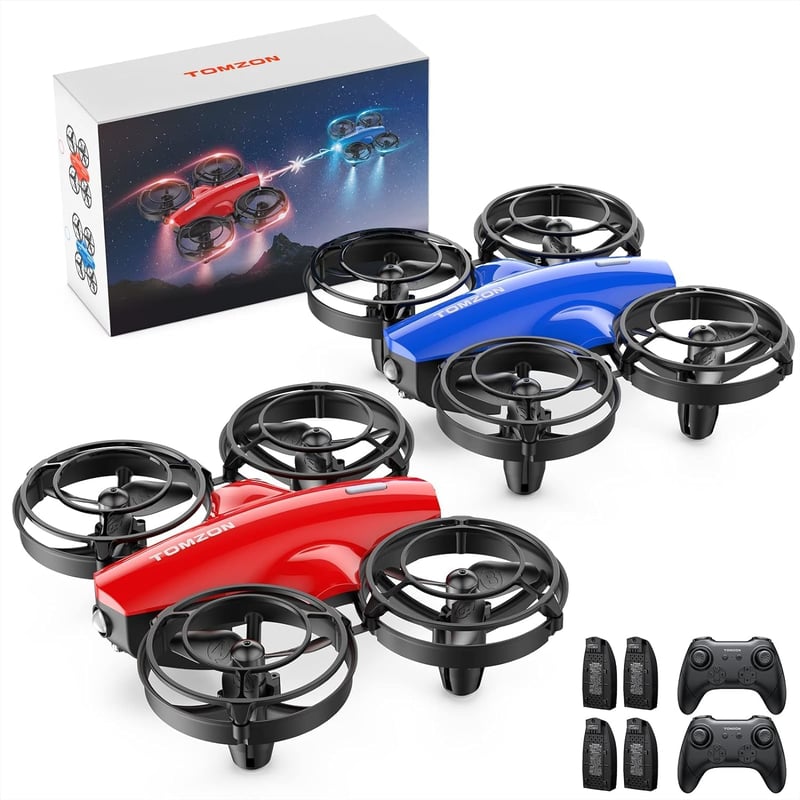 TOMZON A24 Mini Drón Gyerekeknek - 2 db Csata Módú RC Quadkopter Kezdőknek, 4 Akkumulátor, 360° Propellervédelem, 3D Flip, Kék és Piros