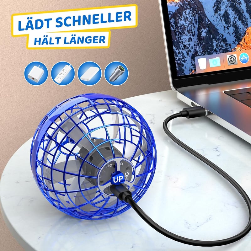 Tomzon Hoverball Repülő Labda RGB LED Fényekkel - Mini Drón Gyerekeknek, Kék Lebegő Játék, USB Tölthető, 15 Perc Repülési Idő, Beltéri-Külté