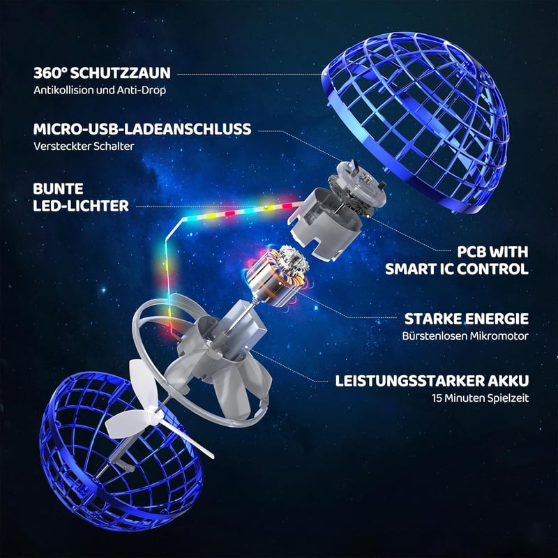 Tomzon Hoverball Repülő Labda RGB LED Fényekkel - Mini Drón Gyerekeknek, Kék Lebegő Játék, USB Tölthető, 15 Perc Repülési Idő, Beltéri-Külté