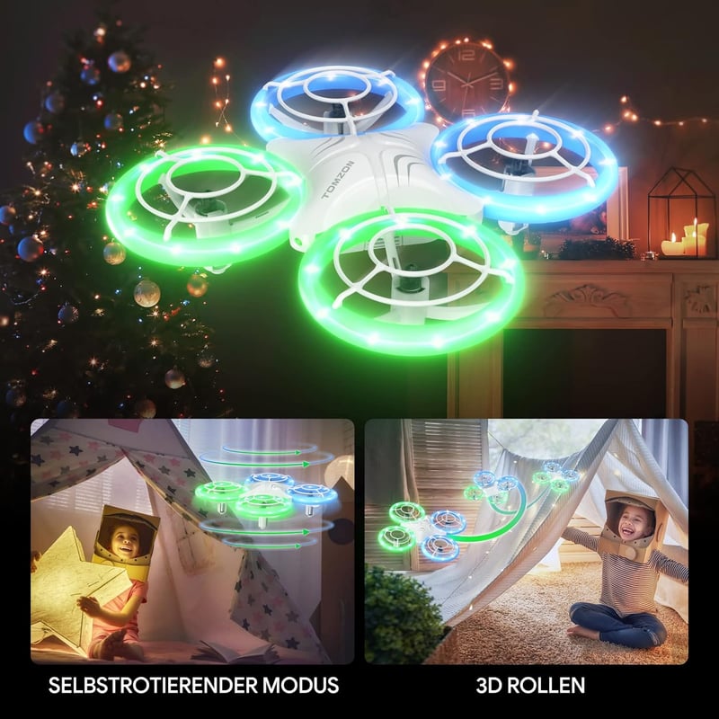 TOMZON Mini Drón Gyerekeknek - Kék-Zöld LED Világítás, 2 Akkumulátor, Fejnélküli Mód, 3D Flip, Körrepülés Funkció, Kezdő Pilótáknak