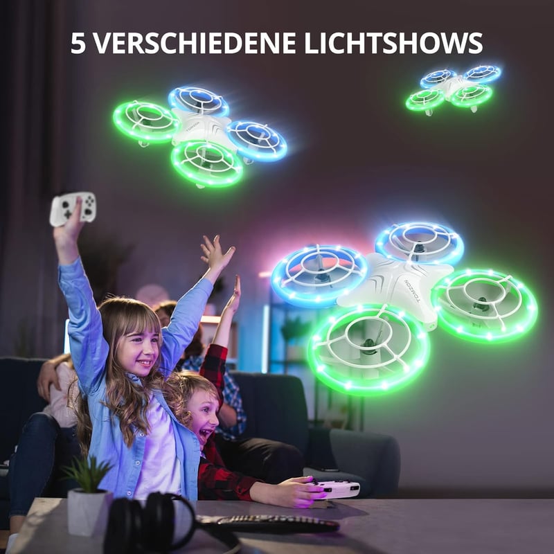 TOMZON Mini Drón Gyerekeknek - Kék-Zöld LED Világítás, 2 Akkumulátor, Fejnélküli Mód, 3D Flip, Körrepülés Funkció, Kezdő Pilótáknak