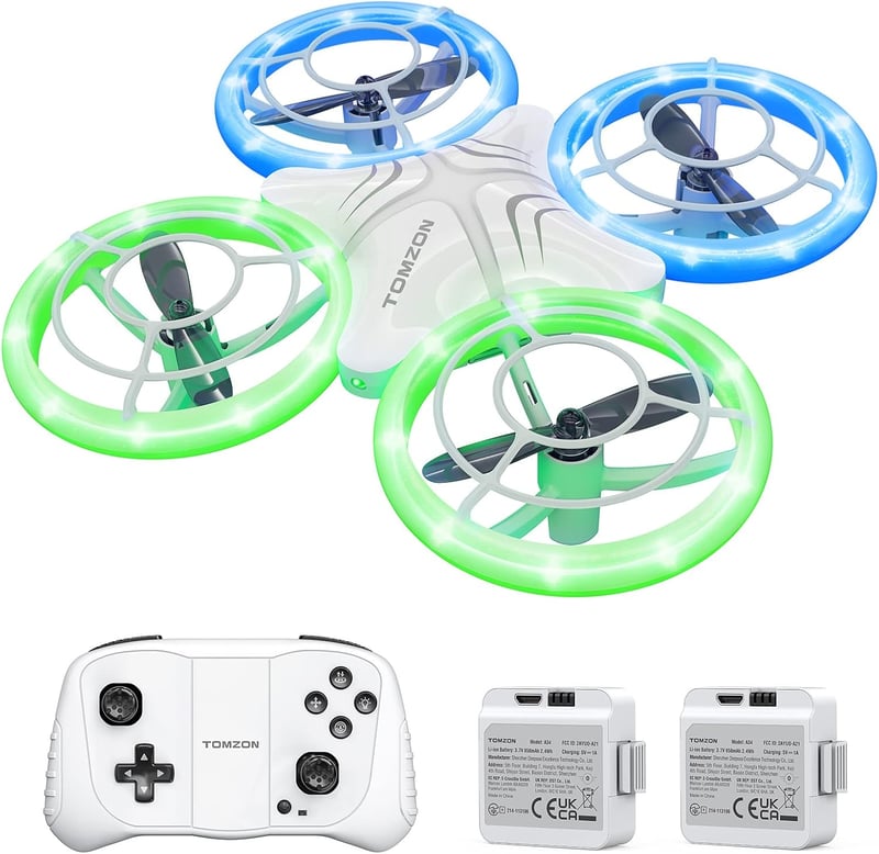TOMZON Mini Drón Gyerekeknek - Kék-Zöld LED Világítás, 2 Akkumulátor, Fejnélküli Mód, 3D Flip, Körrepülés Funkció, Kezdő Pilótáknak